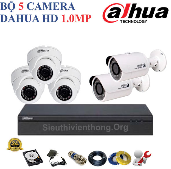  Trọn Bộ 5 Camera Dahua 1.0MP Chính Hãng ( 3 trong nhà, 2 ngoài trời ) 