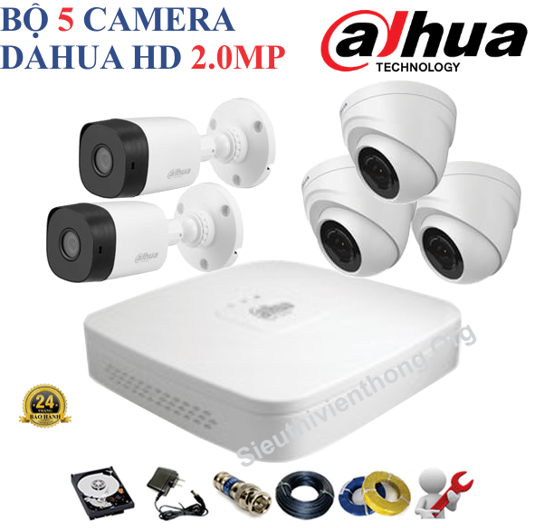  Trọn Bộ 5 Camera Dahua 2.0MP Chính Hãng ( 3 trong nhà, 2 ngoài trời ) 