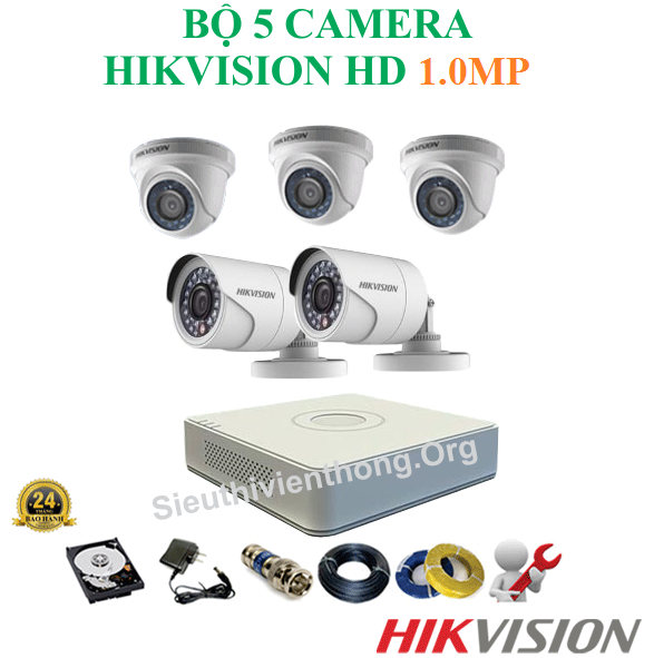 Trọn Bộ 5 Camera Hikvision 1.0MP ( 3 trong nhà, 1 ngoài trời )