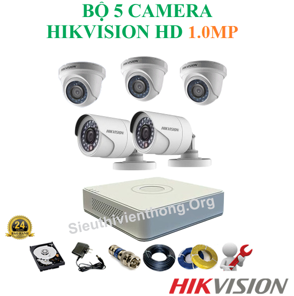  Trọn Bộ 5 Camera Hikvision 1.0MP ( 3 trong nhà, 1 ngoài trời ) 