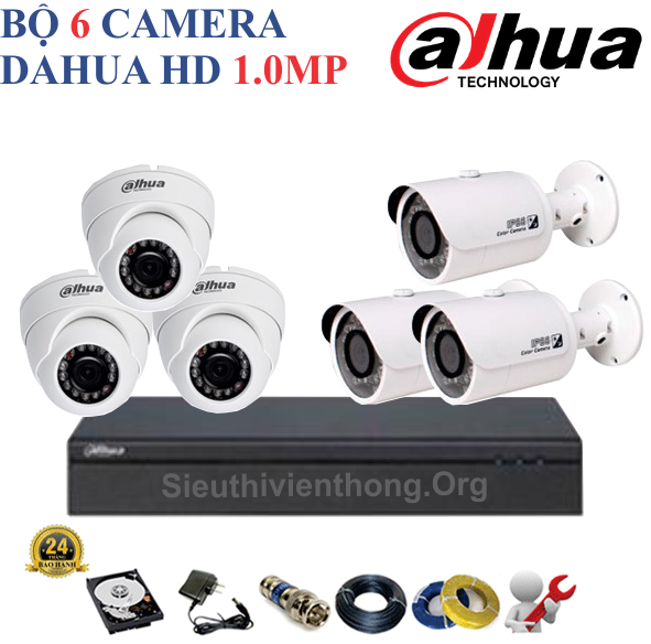  Trọn Bộ 6 Camera Dahua 1.0MP Chính Hãng ( 3 trong nhà, 3 ngoài trời ) 