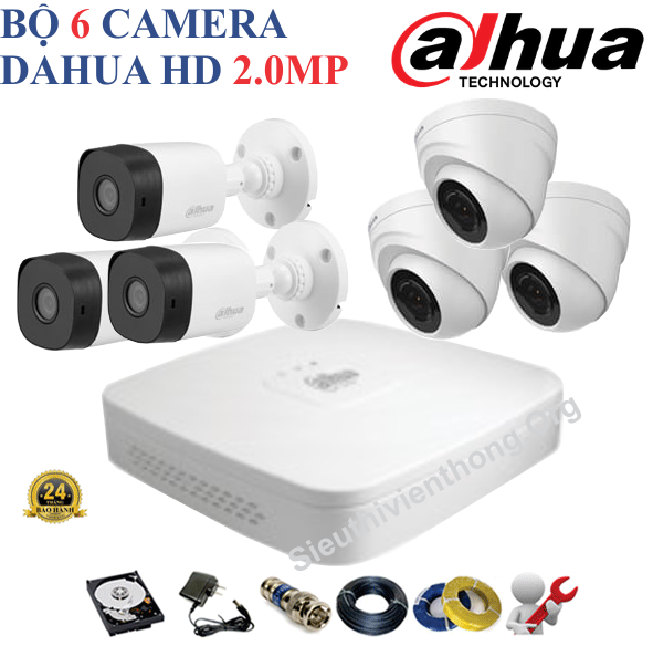  Trọn Bộ 6 Camera Dahua 2.0MP Chính Hãng ( 3 trong nhà, 3 ngoài trời ) 