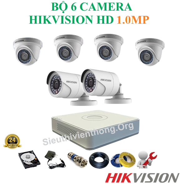  Trọn Bộ 6 Camera Hikvision 1.0MP ( 4 trong nhà, 2 ngoài trời ) 