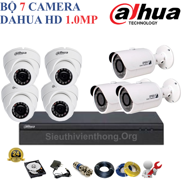  Trọn Bộ 7 Camera Dahua 1.0MP Chính Hãng ( 4 trong nhà, 3 ngoài trời ) 