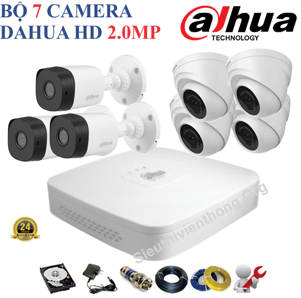 Trọn Bộ 7 Camera Dahua 2.0MP Chính Hãng ( 4 trong nhà, 3 ngoài trời ) 