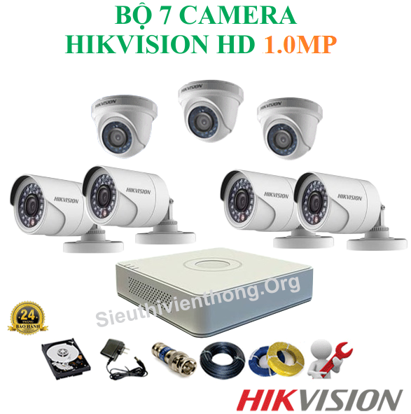  Trọn Bộ 7 Camera Hikvision 1.0MP Chính Hãng ( 4 trong nhà, 3 ngoài trời ) 