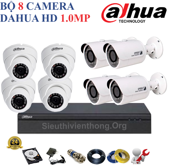  Trọn Bộ 8 Camera Dahua 1.0MP Chính Hãng ( 4 trong nhà, 4 ngoài trời ) 