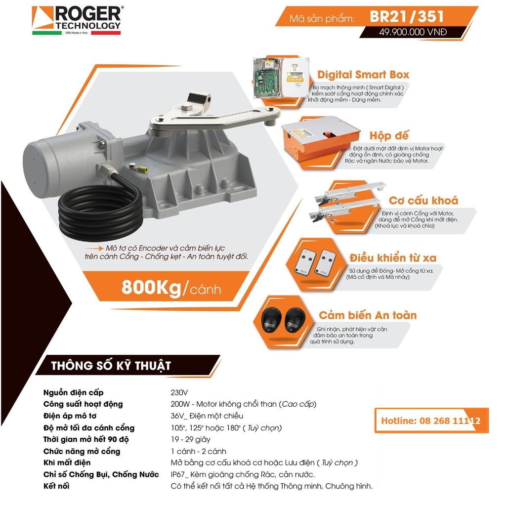 Motor Cổng Âm Sàn Roger BR21/351 36v 800kg Italia