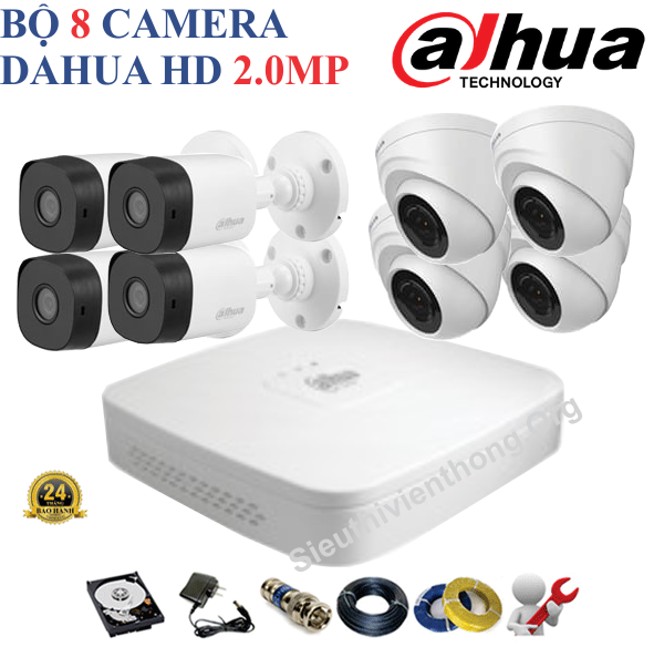  Trọn Bộ 8 Camera Dahua 2.0MP Chính Hãng ( 4 trong nhà, 4 ngoài trời ) 