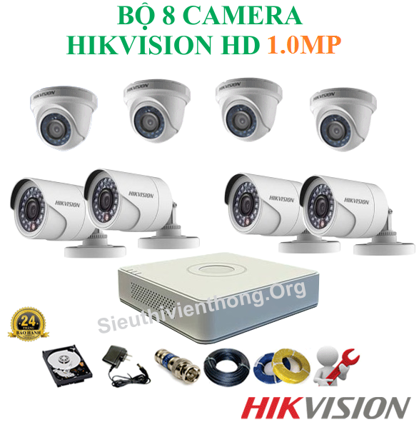  Trọn Bộ 8 Camera Hikvision 1.0MP Chính Hãng ( 4 trong nhà, 4 ngoài trời ) 