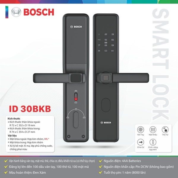 Khóa Cửa Vân Tay Bosch ID 30BKB - Màu Đen