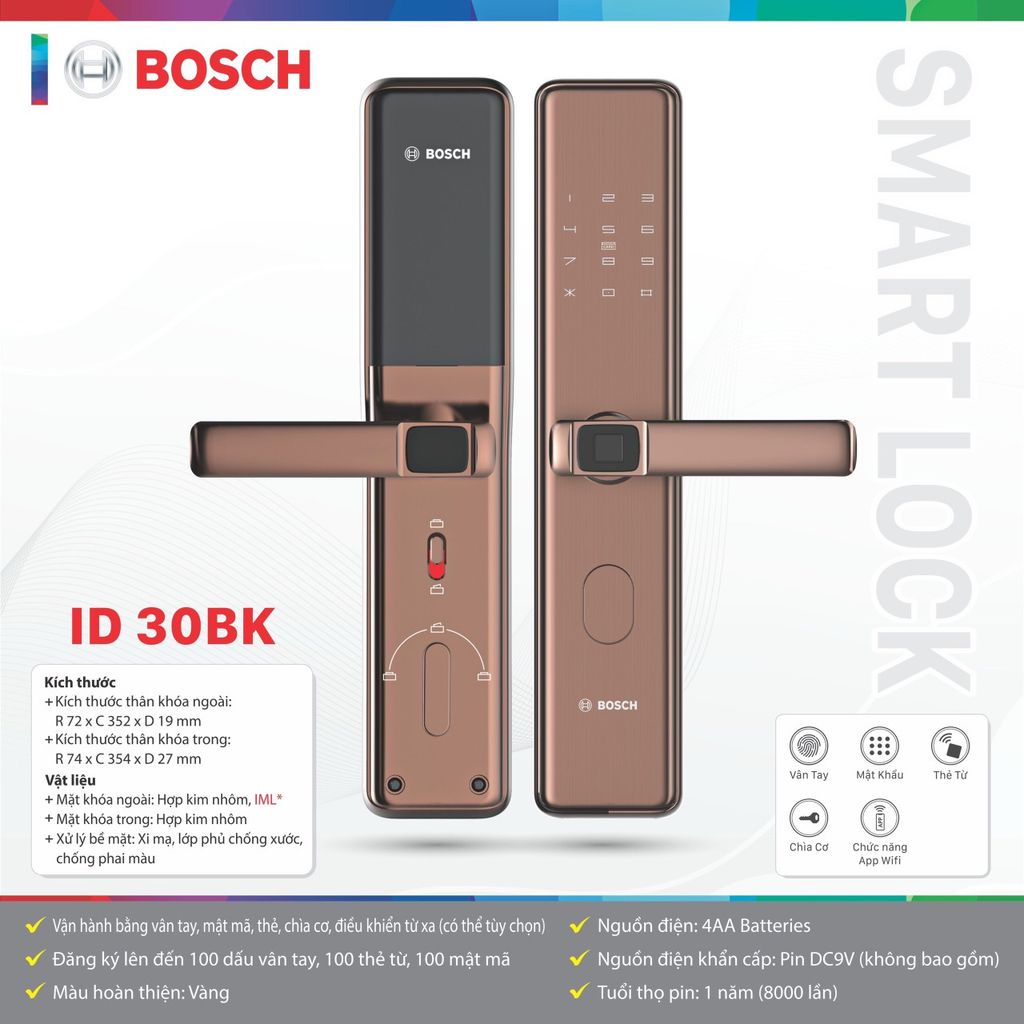 Khóa Cửa Vân Tay Bosch ID 30BKB - Màu Vàng