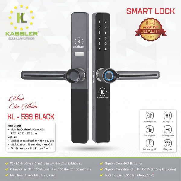  Khóa Vân Tay Cửa Nhôm Kassler KL599 Black 