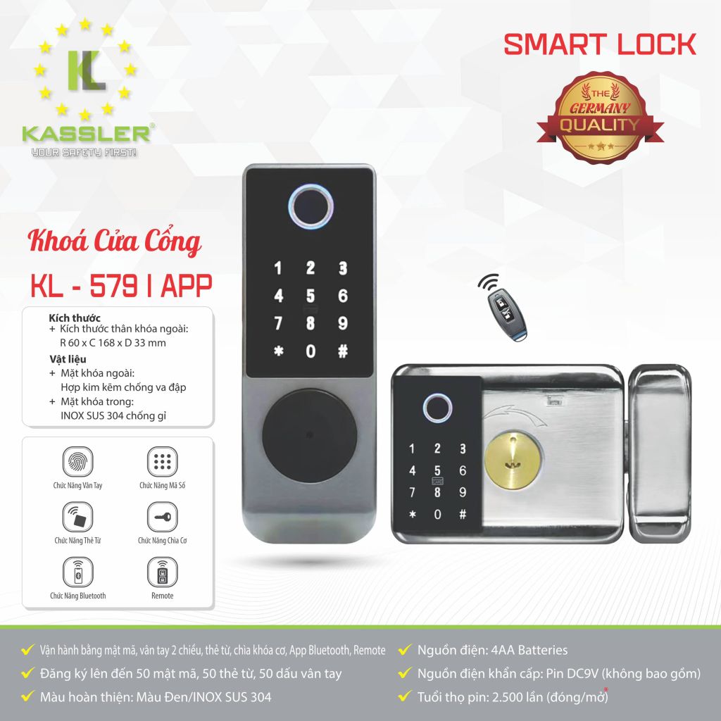 Khóa Cửa Sắt Vân Tay 2 Mặt Kassler KL 579 - Chống Nước