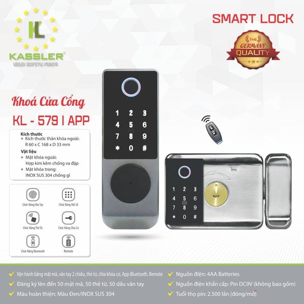  Khóa Cửa Sắt Vân Tay 2 Mặt Kassler KL 579 - Chống Nước 