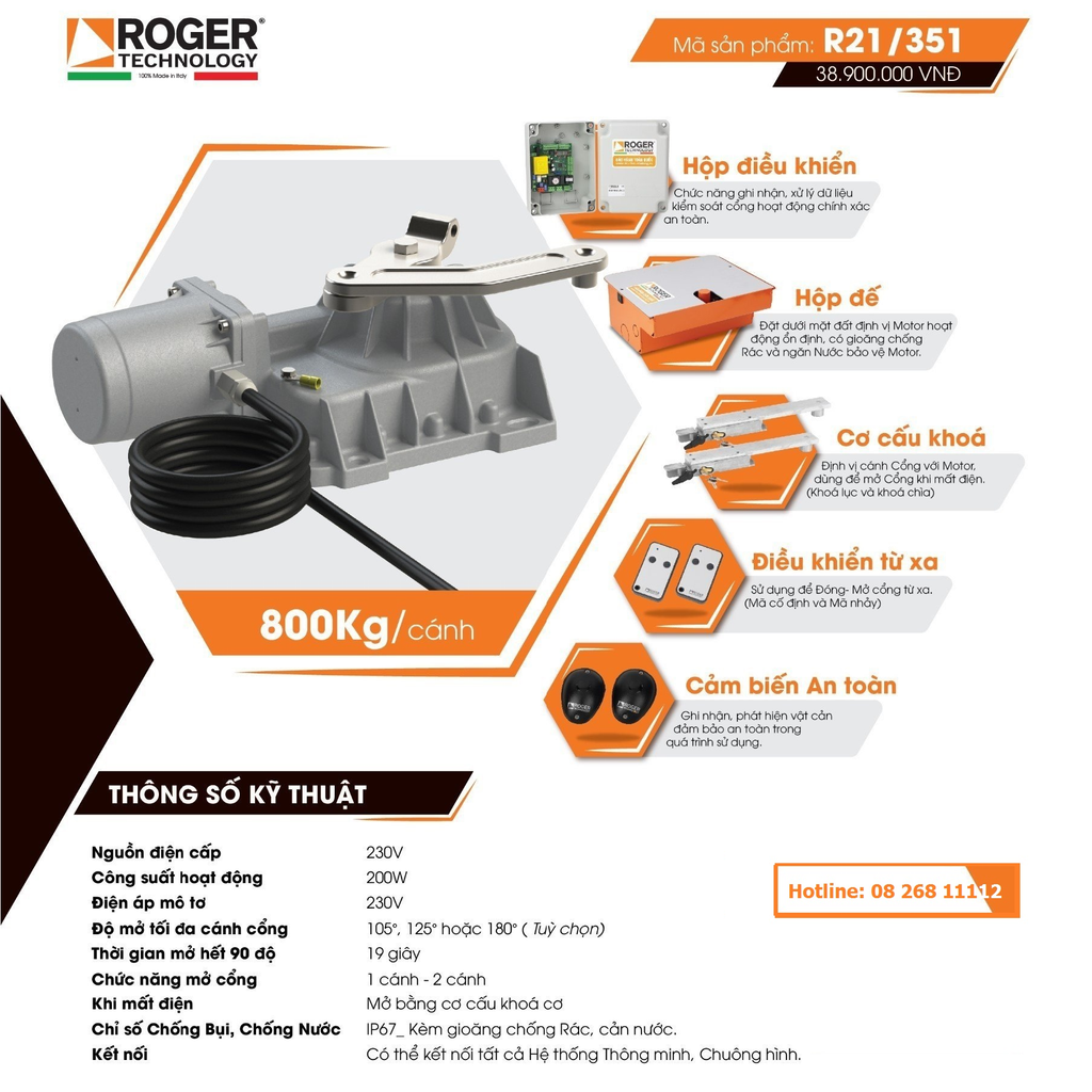 Motor Cổng Âm Sàn Roger R21/351 230v 800kg  Italia