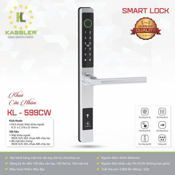  Khóa Vân Tay Cửa Nhôm Kassler KL599 CW 