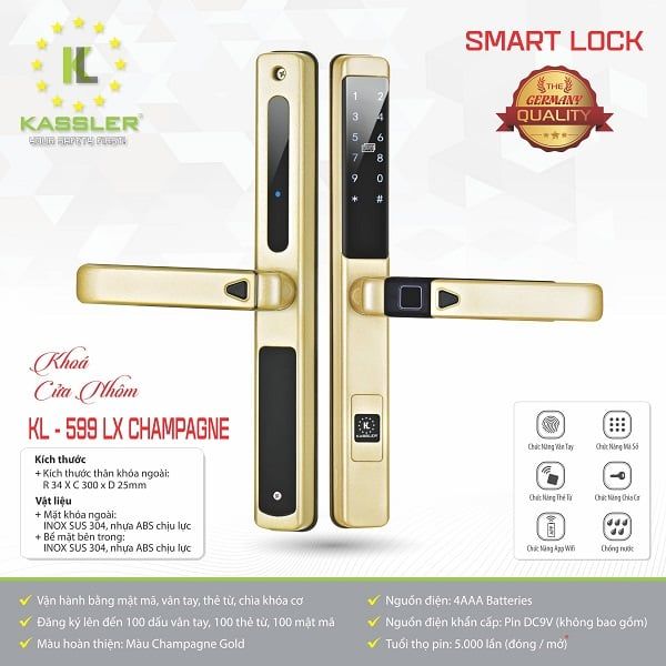 Khóa Vân Tay Cửa Nhôm Kassler KL599 LX