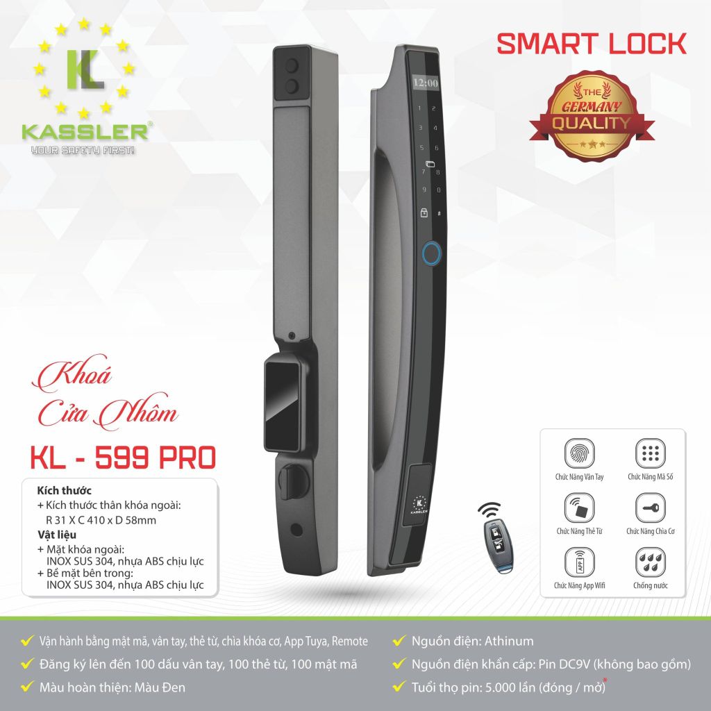 Khóa Vân Tay Cửa Nhôm Kassler KL599 Pro