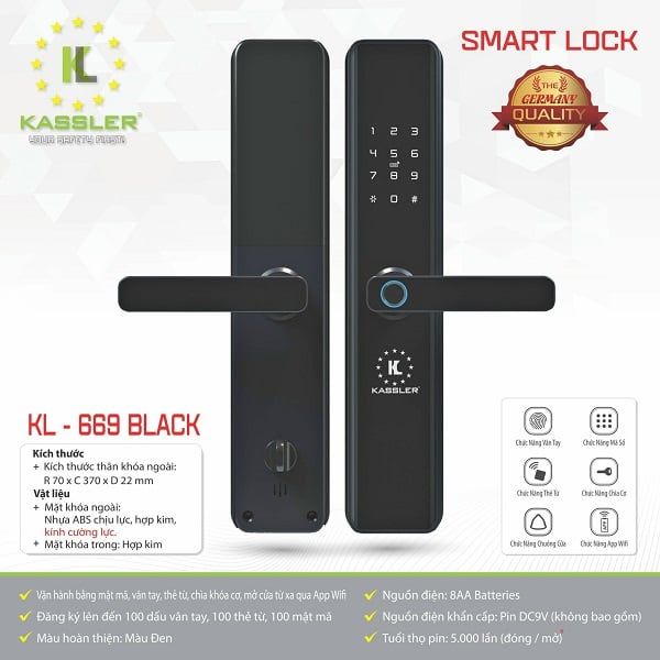 Khóa cửa vân tay KASSLER KL-669B (BLACK)