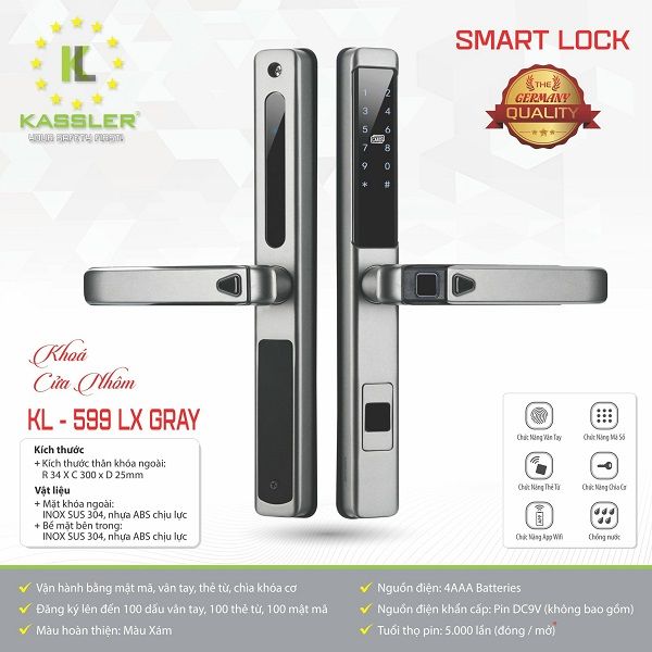  Khóa Vân Tay Cửa Nhôm Kassler KL599 LX 