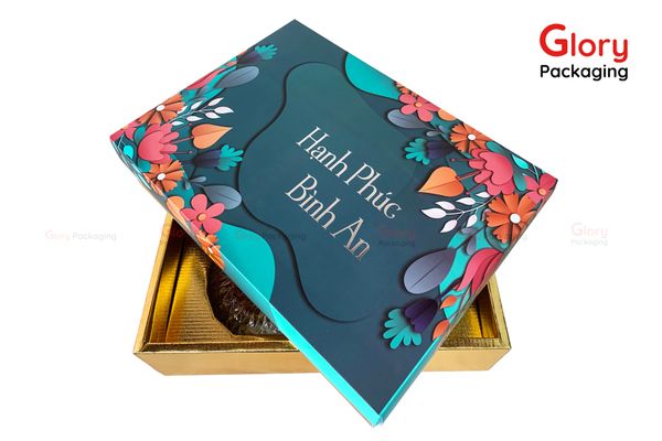  Hộp quà Tết Nhân Dần 2022 hộp mềm cao cấp quà tết màu xanh hoa cỏ 