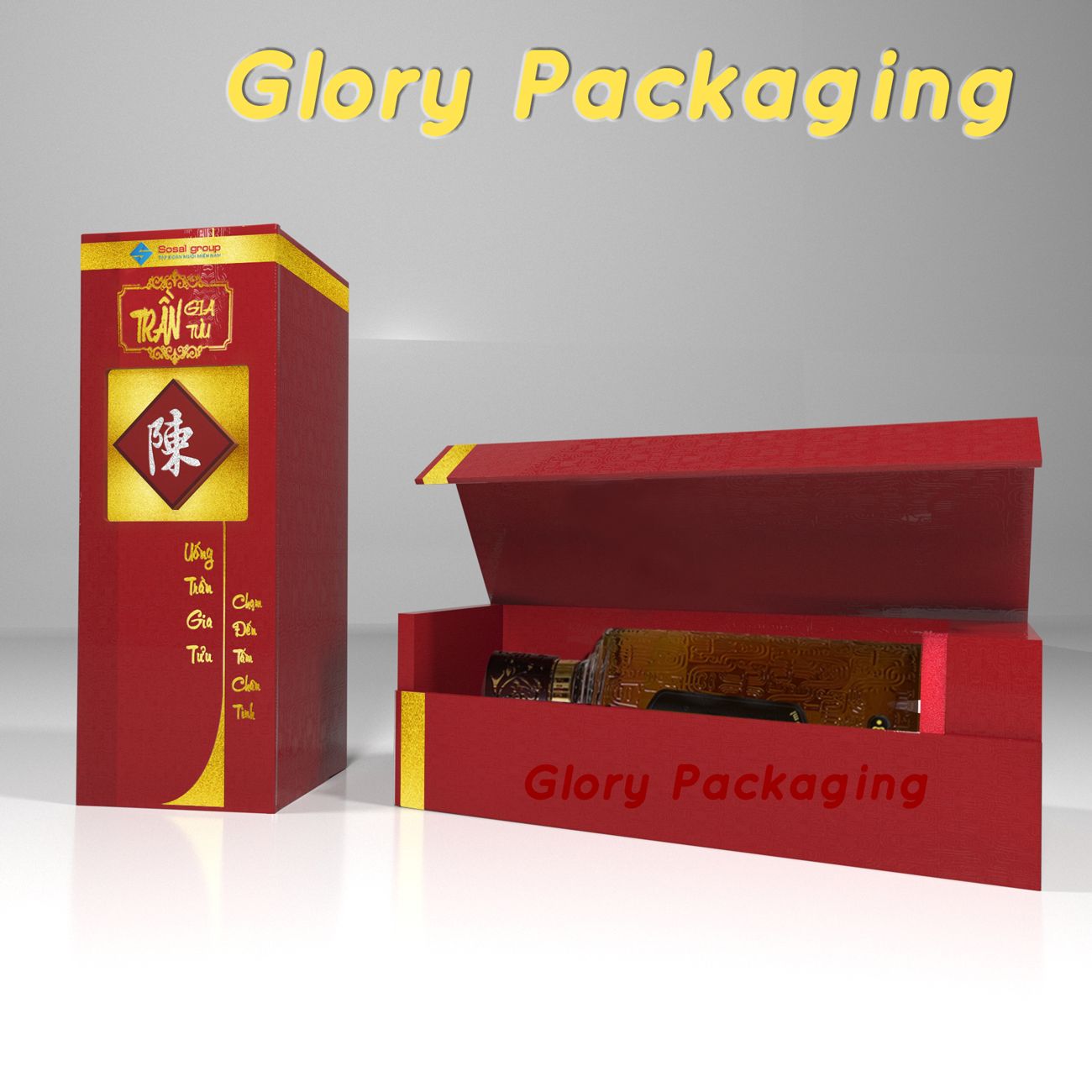  Hộp rượu bìa cứng giấy mỹ thuật in hiệu ứng ép kim, tráng UV định hình 
