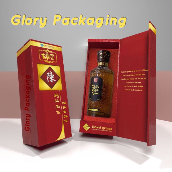  Hộp rượu bìa cứng giấy mỹ thuật in hiệu ứng ép kim, tráng UV định hình 