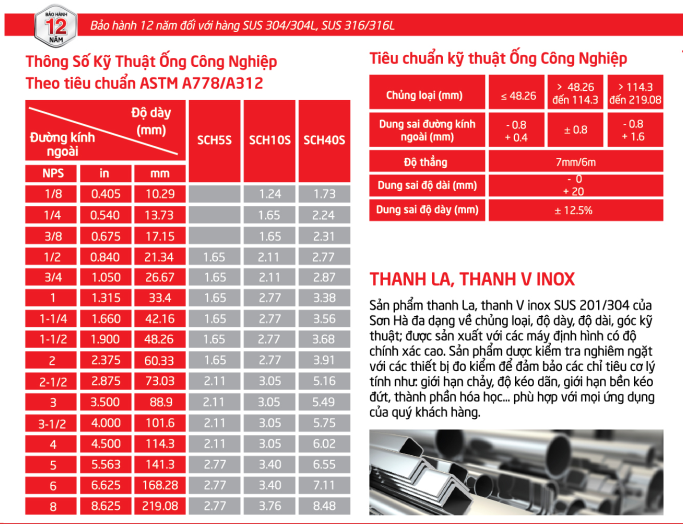 Các loại ống inox 304 phổ biến trên thị trường