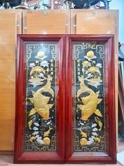 Tranh lý ngư vọng nguyệt bằng đồng vàng dát điểm vàng bạc KT 1m2x40cm