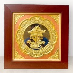 Tranh Chùa Một Cột bằng đồng vàng nền đen KT42x42cm - Tranh quà tặng Đồng Đông Sơn