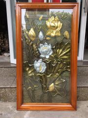Tranh hoa sen đồng vàng dát vàng bạc KT 1m39x79cm