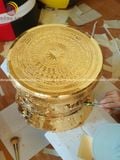 Quả trống ngọc lũ đúc đồng đỏ đường kính 40cm dát vàng 24k đôn cao - Trống đồng Ngọc Lũ đúc nổi