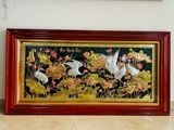 Tranh sen hạc bằng đồng đỏ dát vàng bạc KT 2m3x1m2