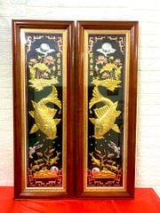 Tranh lý ngư vọng nguyệt bằng đồng dát vàng KT 120x40cm