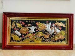 Tranh sen hạc đồng đỏ dát vàng bạc KT 2m3x1m2