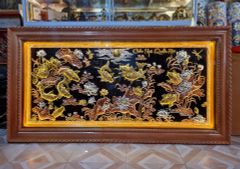 Tranh cửu ngư quần hội đồng đỏ dát vàng bạc KT 2m3x1m2