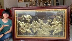 Tranh hoa sen đồng vàng giả cổ KT 1m47x89cm