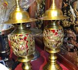 Đôi đèn sen dứa đồng vàng đậm mẫu 2 cao 43cm - Đồ thờ bằng đồng đẹp
