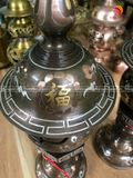 Đôi đèn sen dứa đồng đỏ khảm tam khí dát vàng cao 55cm - Đồ thờ bằng đồng đẹp