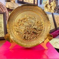 Tranh đĩa cá vượt vũ môn bằng đồng vàng mạ vàng 24k đk 19cm