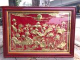 Tranh hoa sen bằng đồng vàng nền đỏ KT 1m29x80cm