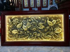 Tranh sen hạc bằng đồng vàng giả cổ KT 1m7x90cm