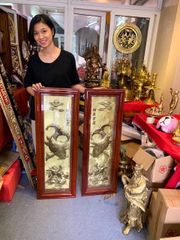 Tranh lý ngư vọng nguyệt đồng vàng giả cổ KT 1mx43cm