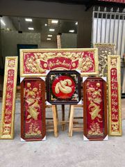 Tranh lý ngư vọng nguyệt đồng vàng dát vàng KT 1mx40cm