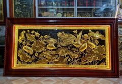 Tranh sen hạc bằng đồng vàng dát vàng KT 2m3x1m2