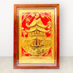 Tranh Chùa Keo Thái Bình mạ vàng 24k nền đỏ KT 38x54cm - Tranh quà tặng Đồng Đông Sơn
