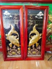 Tranh lý ngư vọng nguyệt đồng vàng dát vàng 1mx40cm
