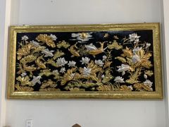 Tranh cửu ngư quần hội đồng vàng vẽ nền đen KT 1m29x69cm