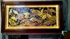 Tranh sen hạc đồng đỏ dát vàng bạc vẽ màu KT 2m3x1m2